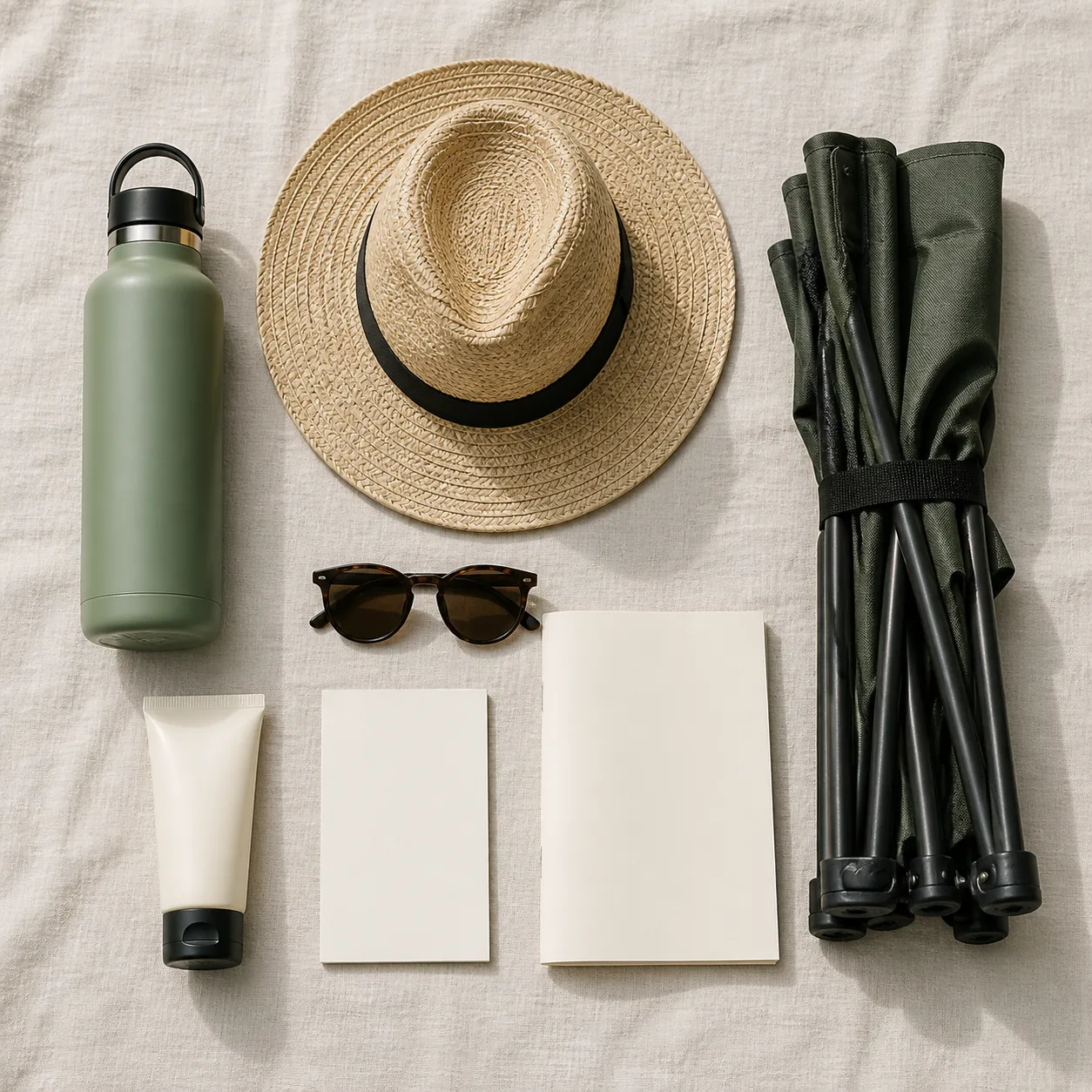 Summer outdoor event preparation kit with water bottle, hat, sunglasses, notepad, chair, sunscreen, and program