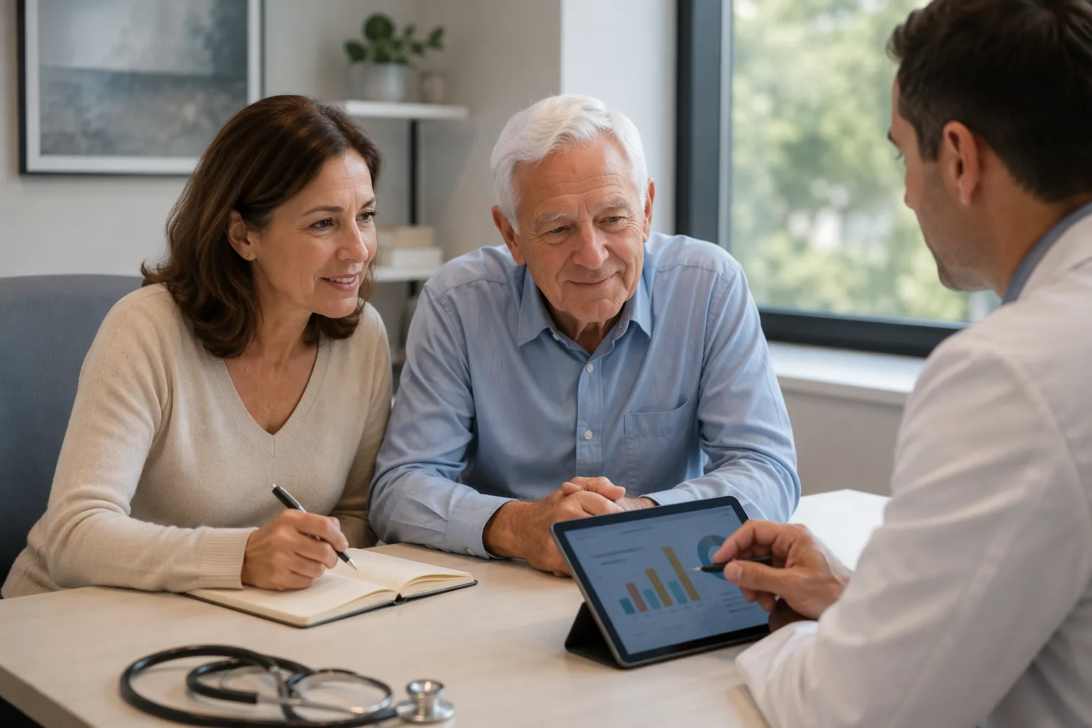 A middle-aged daughter taking notes beside her elderly father during a cholesterol discussion in a medical consultation room