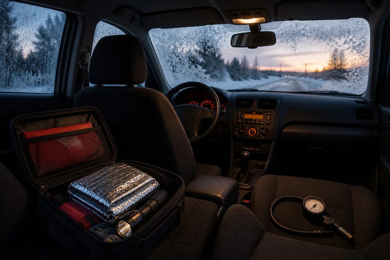 Winter-ready car interior with emergency kit, tire pressure gauge, and snowy road ahead