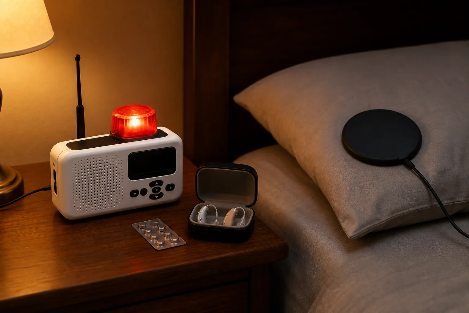 Bedside tornado alert station with weather radio, flashing strobe light, hearing aids, spare batteries, and bed-shaker pad