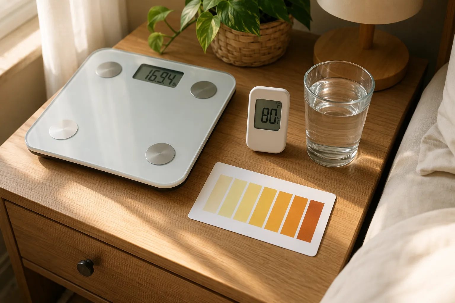 Bedside table with a scale, thermometer near 80 degrees, glass of water, and urine color reference card