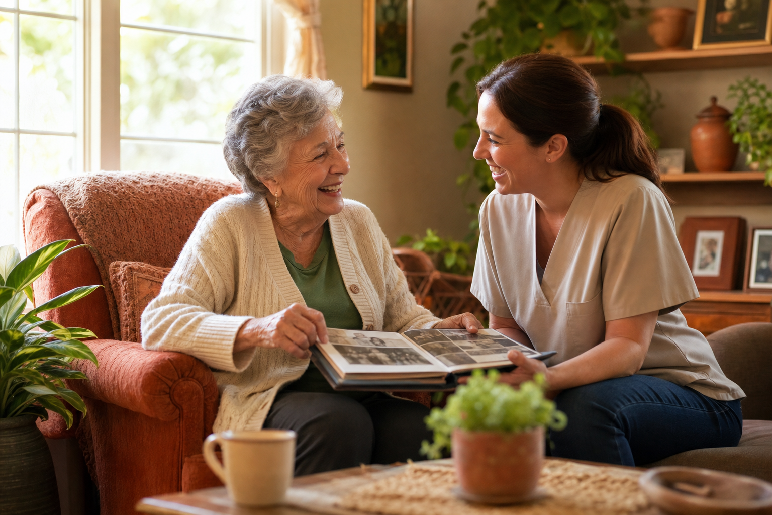 An older adult laughing while looking at a photo album with a friendly professional caregiver in a bright, cozy living room.