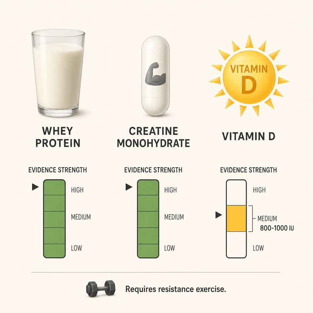 Infographic comparing evidence for whey protein, creatine monohydrate, and vitamin D