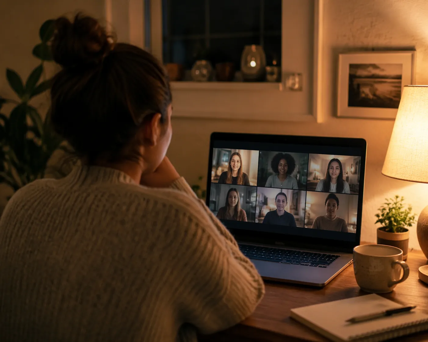 Person privately looking at a laptop screen at night while seeking online support