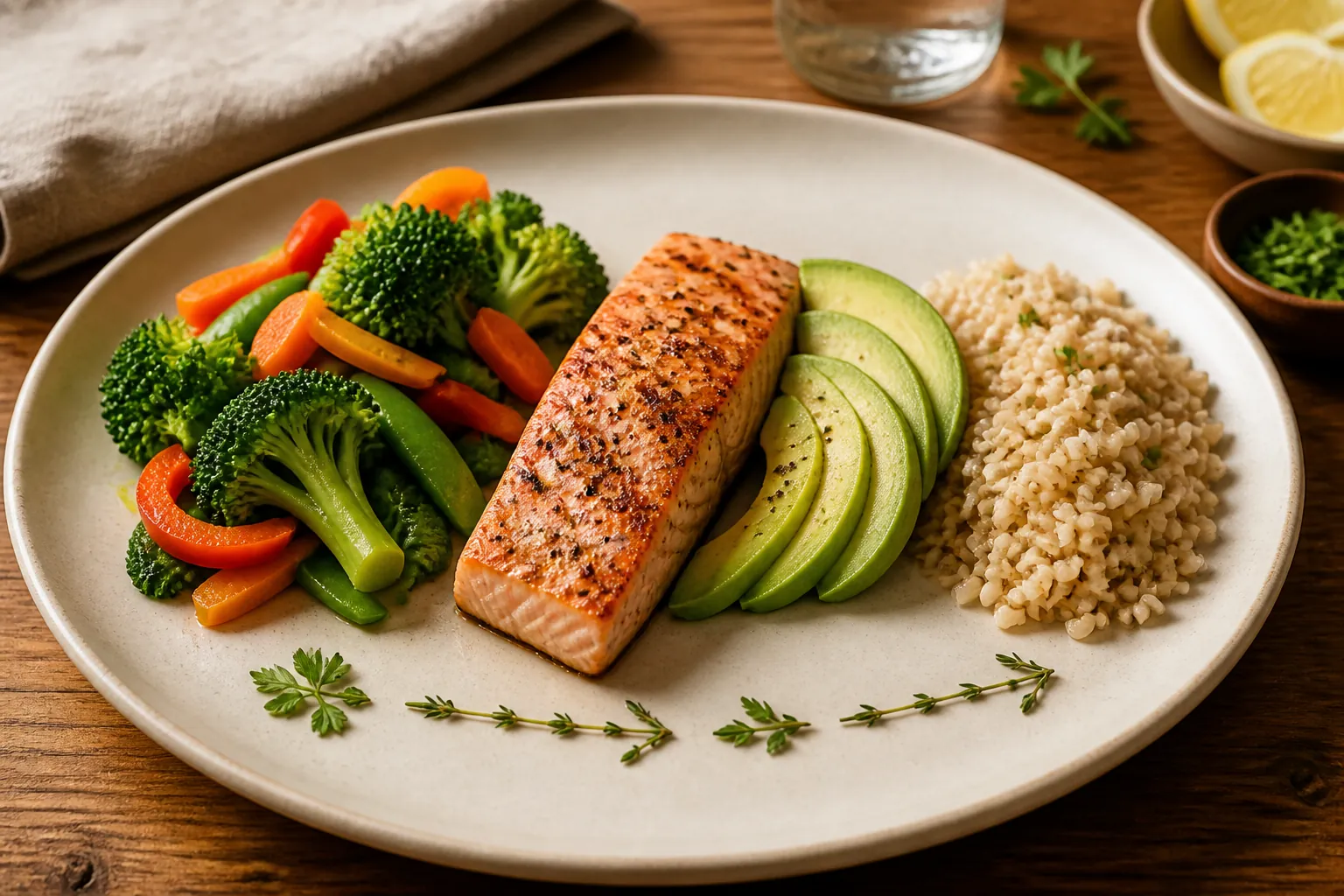 Dinner plate showing vegetables first, salmon and avocado second, and brown rice last