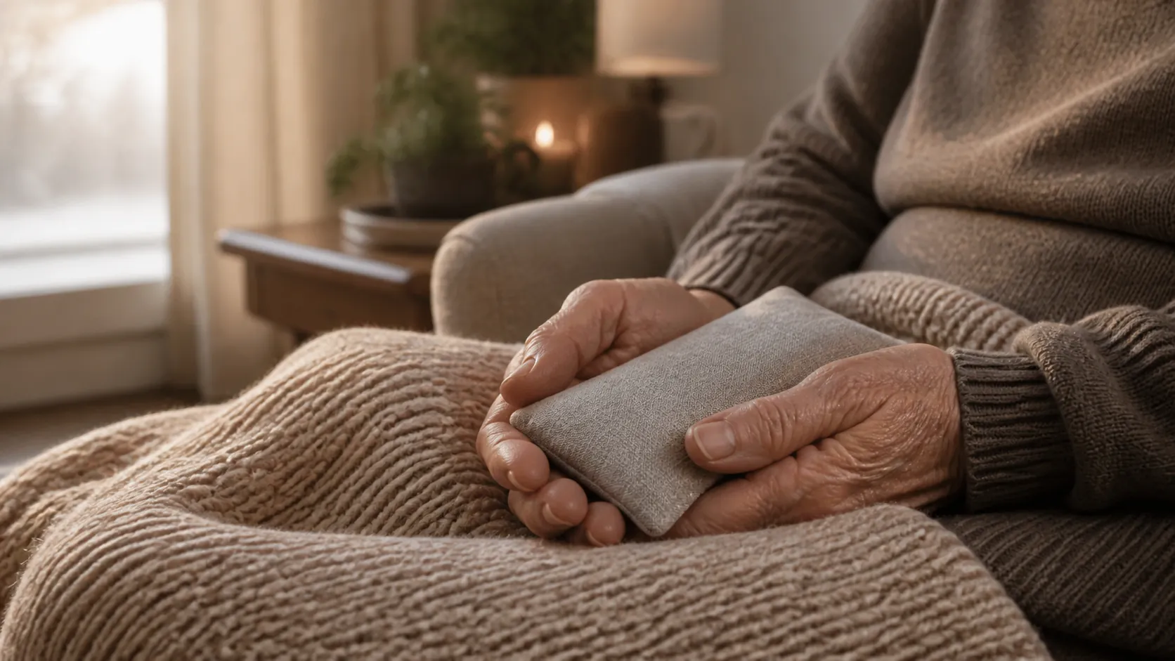 Older adult holding a cloth-wrapped hand warmer at home