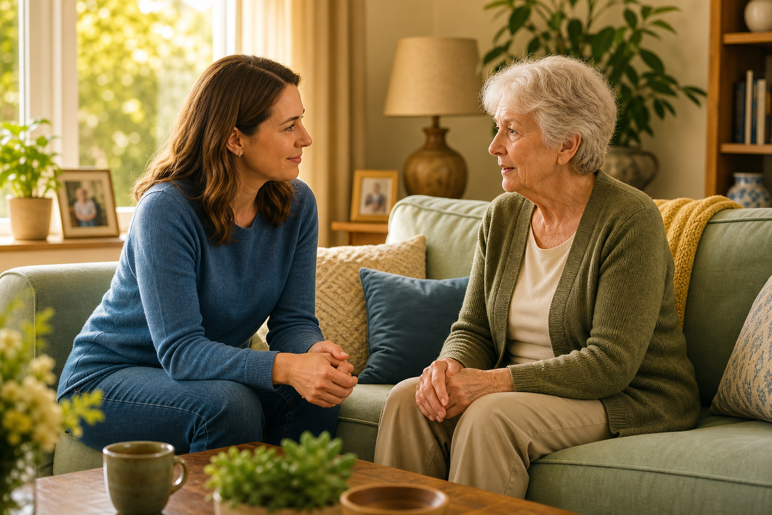 An adult child sits beside their older parent on a couch in a bright living room, leaning forward with an open, listening posture while the older adult appears thoughtful and engaged.