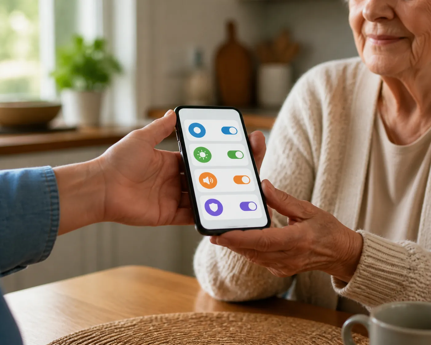 A caregiver passes a smartphone with large control toggles to an older adult at a kitchen table