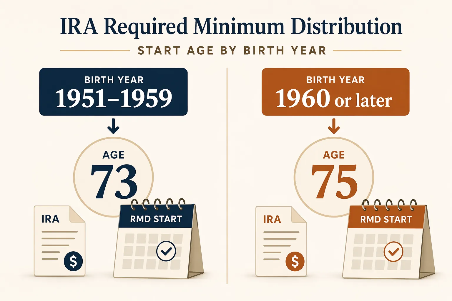 Graphic comparing RMD start ages for birth years 1951-1959 and 1960 or later