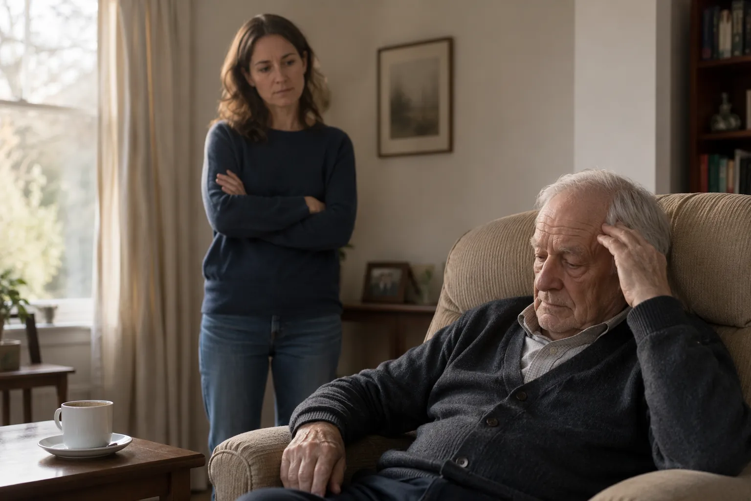 An elderly man sits tired in a living room while his adult daughter watches with quiet concern