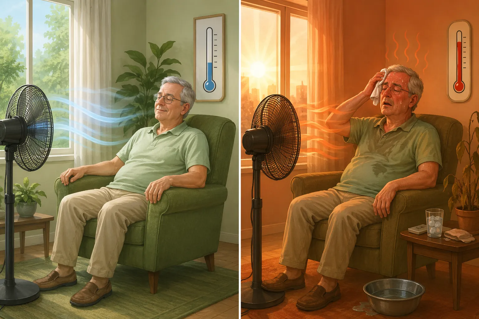 Side-by-side comparison showing electric fan use in moderate heat versus above 90 degrees, where the older adult appears flushed and uncomfortable