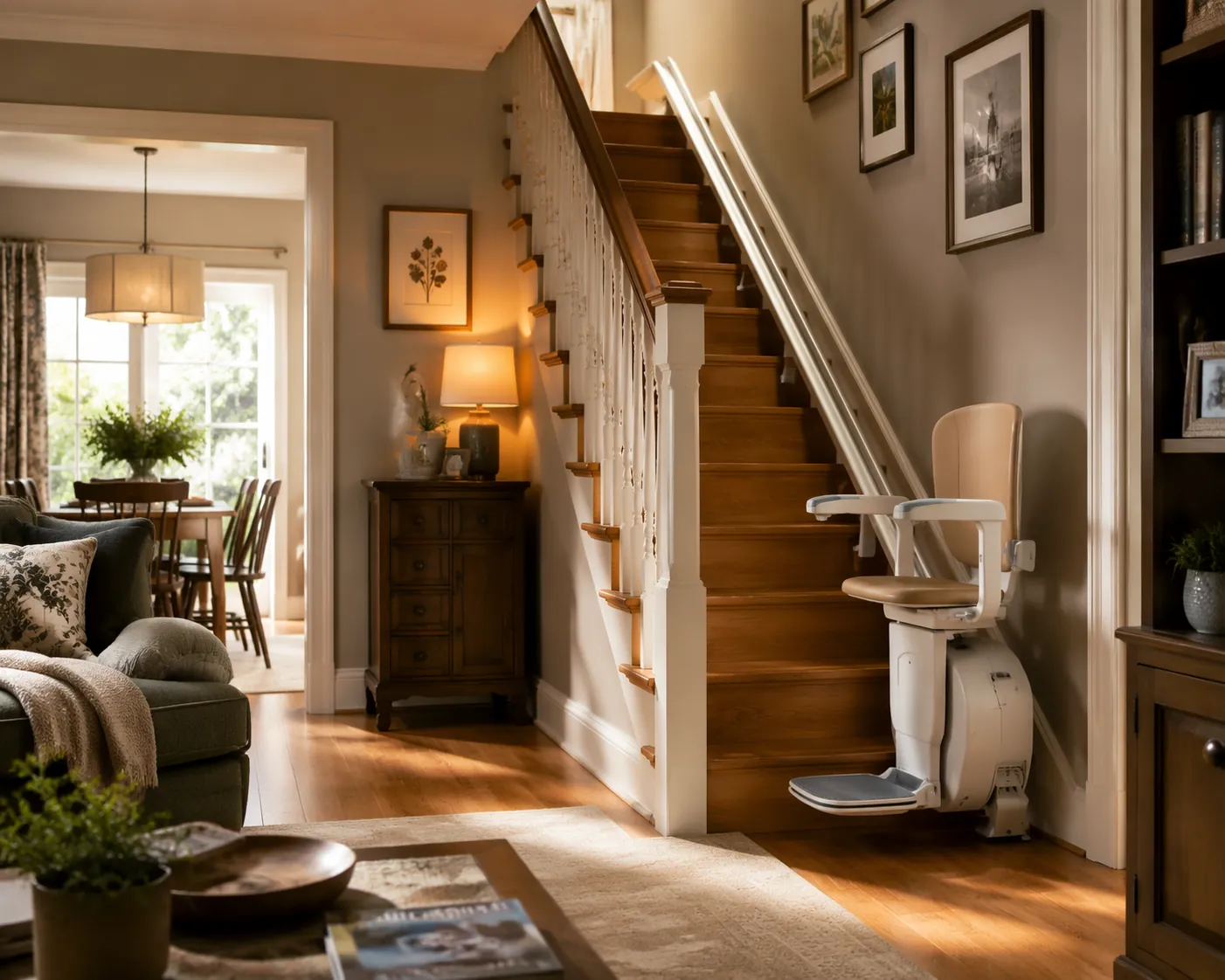 Home staircase with a mounted stair lift in warm afternoon light