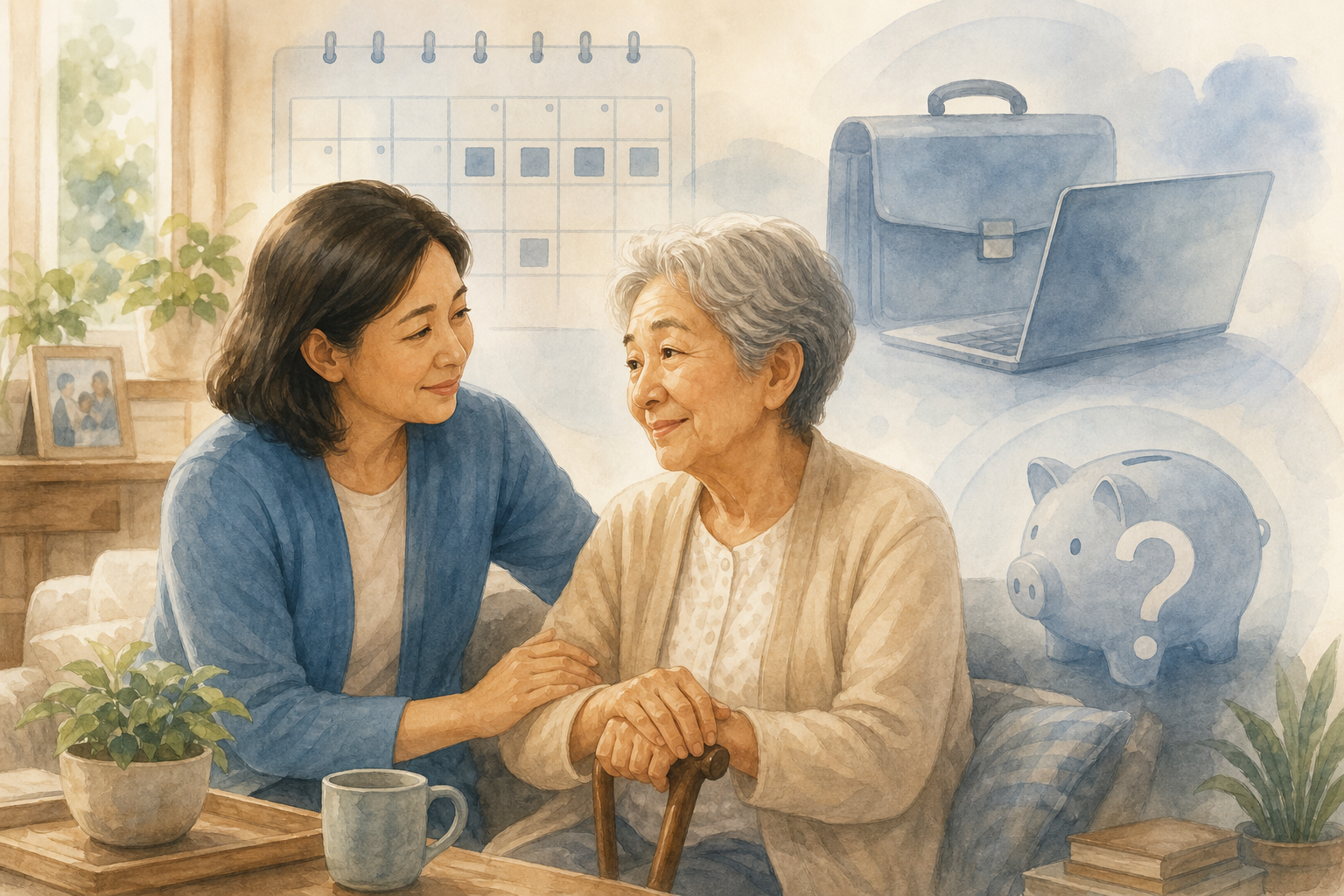 An editorial illustration of an adult child gently assisting an older parent in a warm home setting. Translucent symbolic elements in the background include a calendar representing missed workdays, a briefcase and laptop symbolizing a paused career, and a piggy bank with a question mark indicating hidden financial costs.