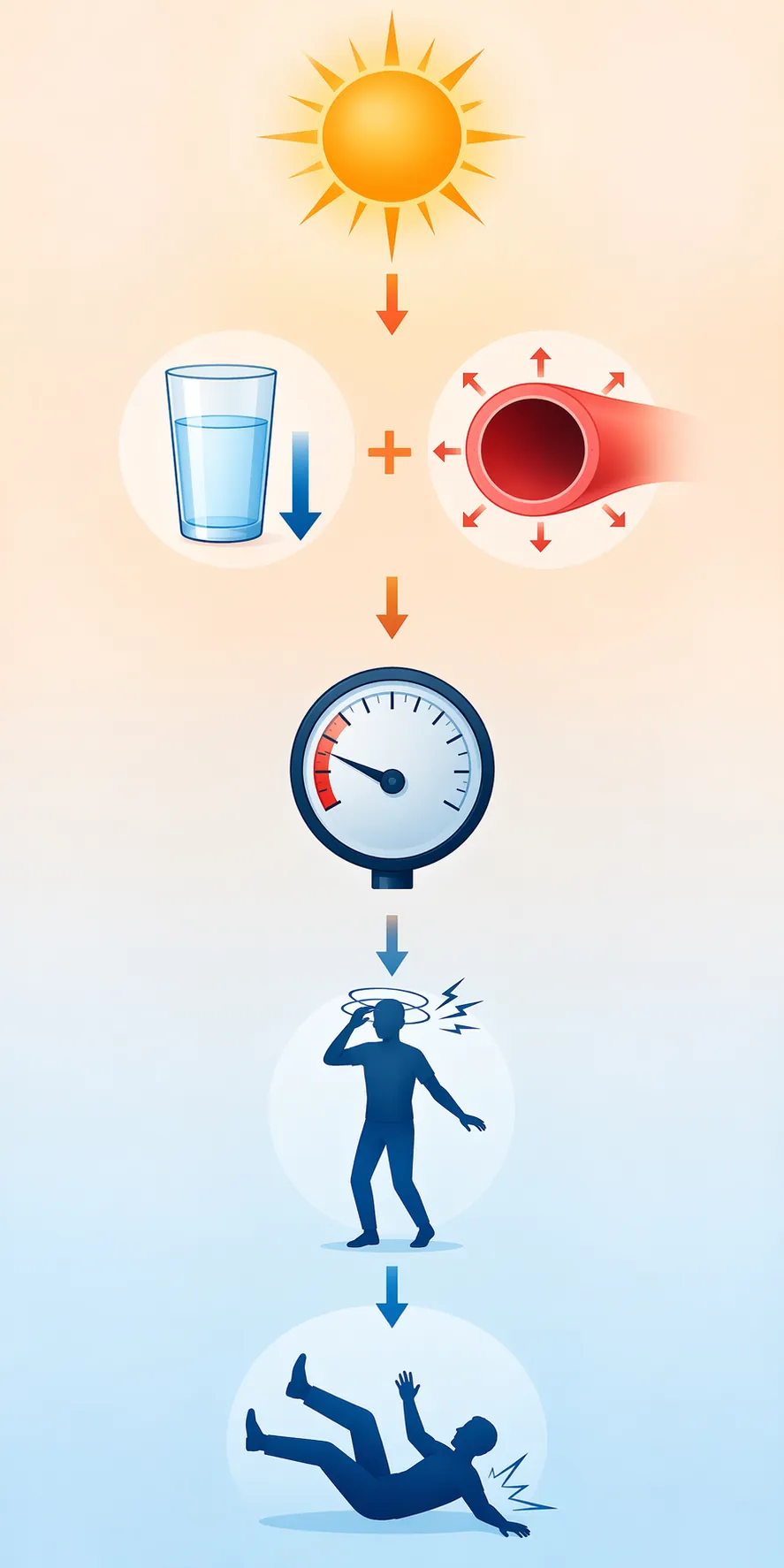 Icon diagram showing the cascade from heat to dehydration, low blood pressure, dizziness, and falling
