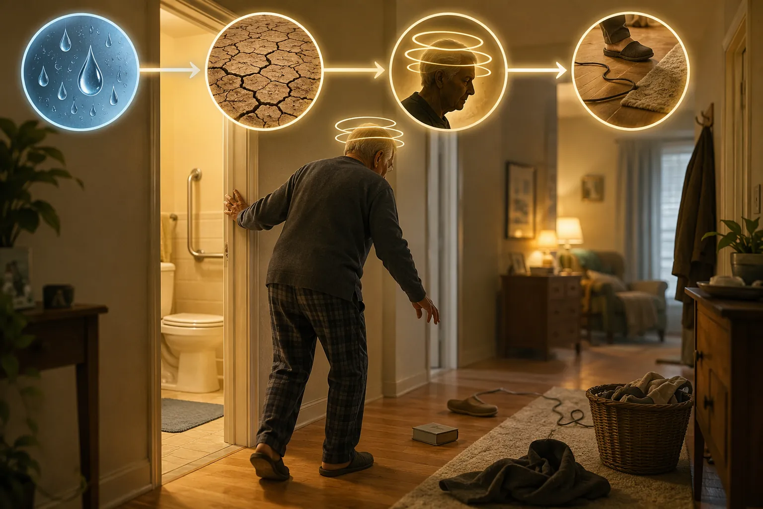 Older adult unsteady near a bathroom doorway with visual cues for dehydration, dizziness, and fall hazards