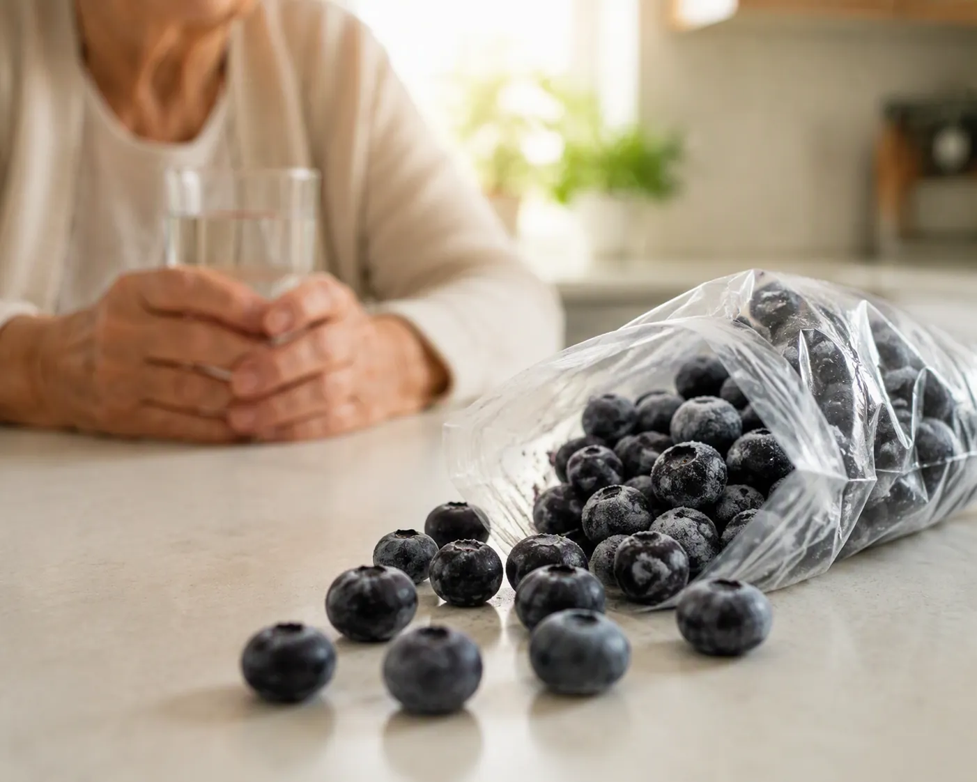 Open bag of frozen blueberries on a kitchen counter while an older adult holds a glass of water in the background