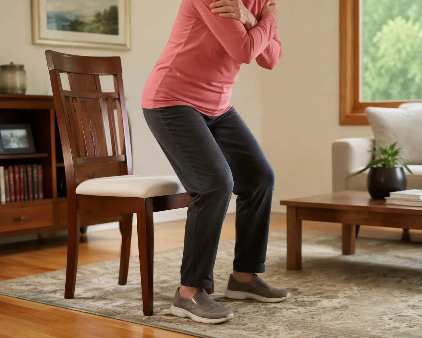 Older woman rising from a dining chair without using her hands in a bright home living room