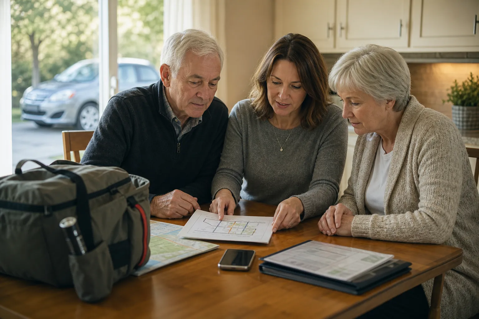 Adult child caregiver reviewing an emergency evacuation checklist with elderly parents beside a go-bag, paper map, phone, and document folder