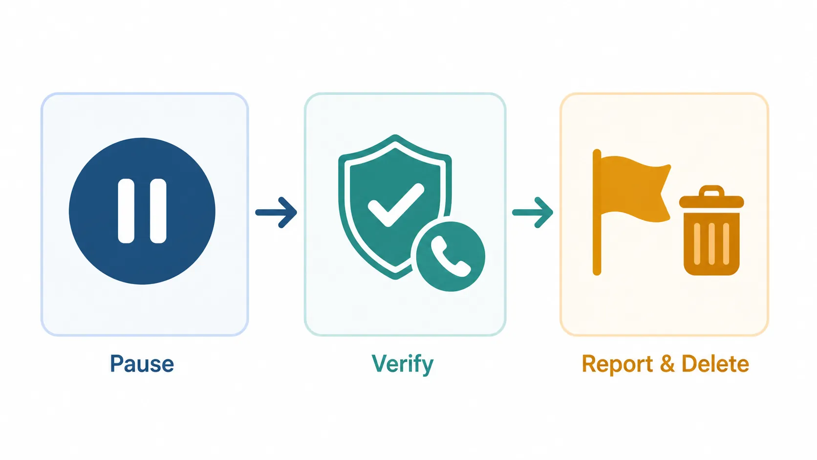 Three-step workflow labeled Pause, Verify, and Report and Delete