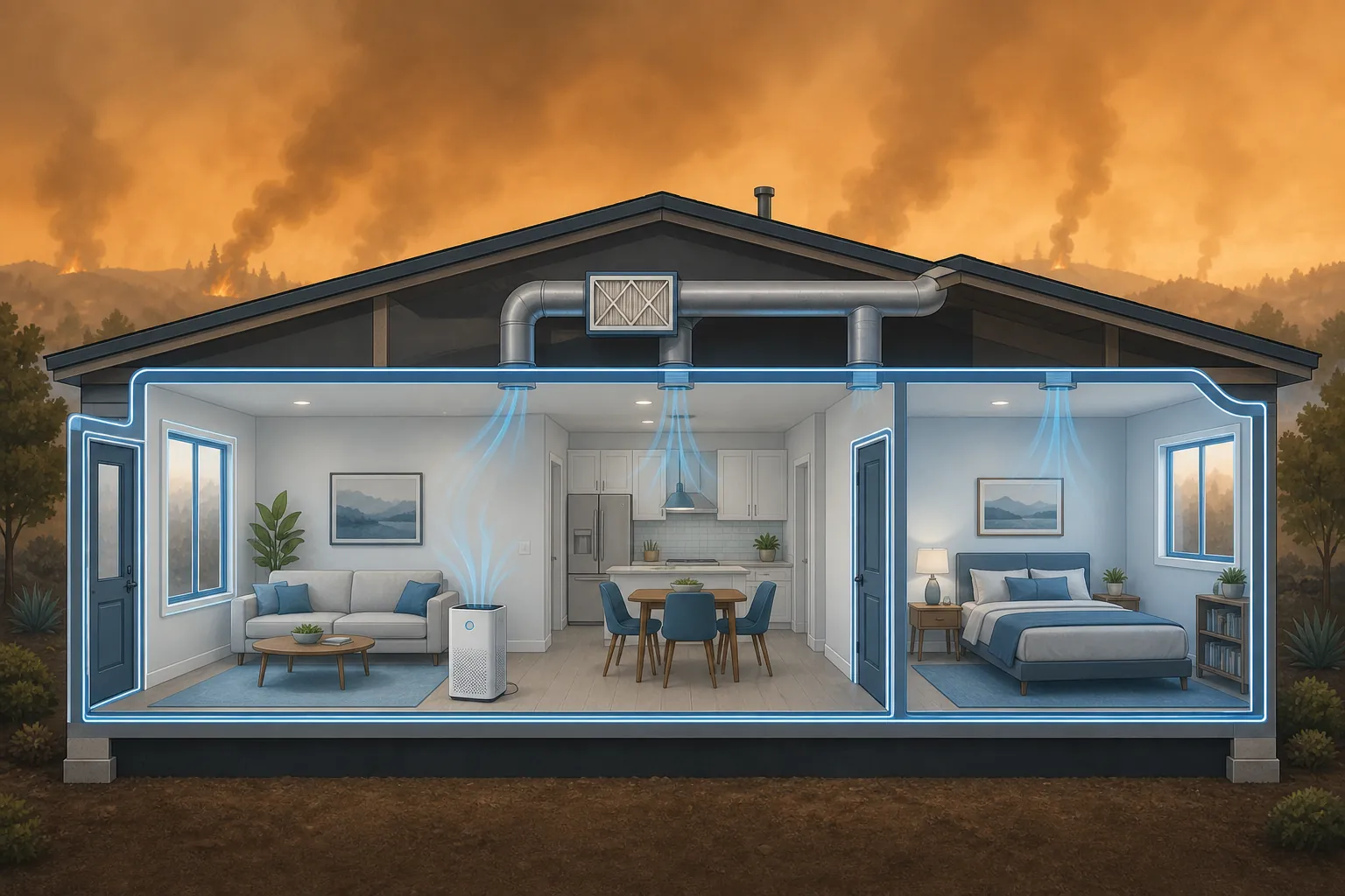 Cutaway illustration of a home protected from wildfire smoke with sealed openings, HVAC filtration, a portable air cleaner, and a clean room