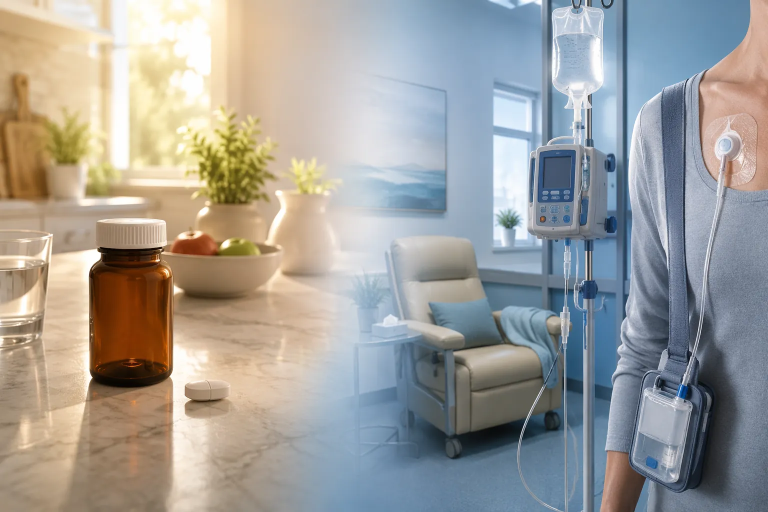 Split image comparing a simple pill bottle at home with hospital chemotherapy equipment and an infusion chair