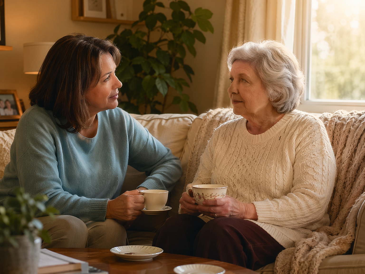 An adult daughter in her late 40s sits beside her aging mother on a cozy living room couch, both holding cups of tea. The atmosphere is calm, respectful, and loving.