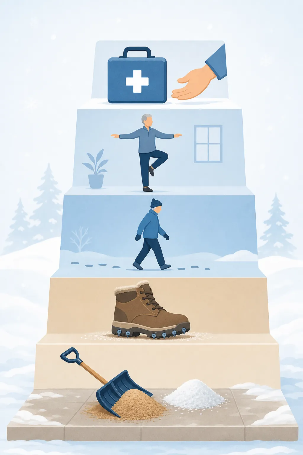 Five-layer fall-prevention system with surface treatment, traction footwear, ice-walking gait, balance exercise, and post-fall response