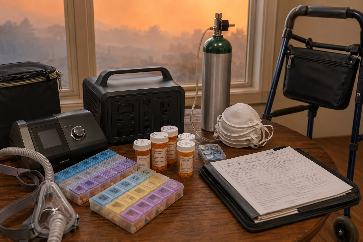 Senior wildfire evacuation supplies on a kitchen table including pill organizers, prescription bottles, CPAP machine, backup battery, N95 masks, oxygen tank, and medical documents