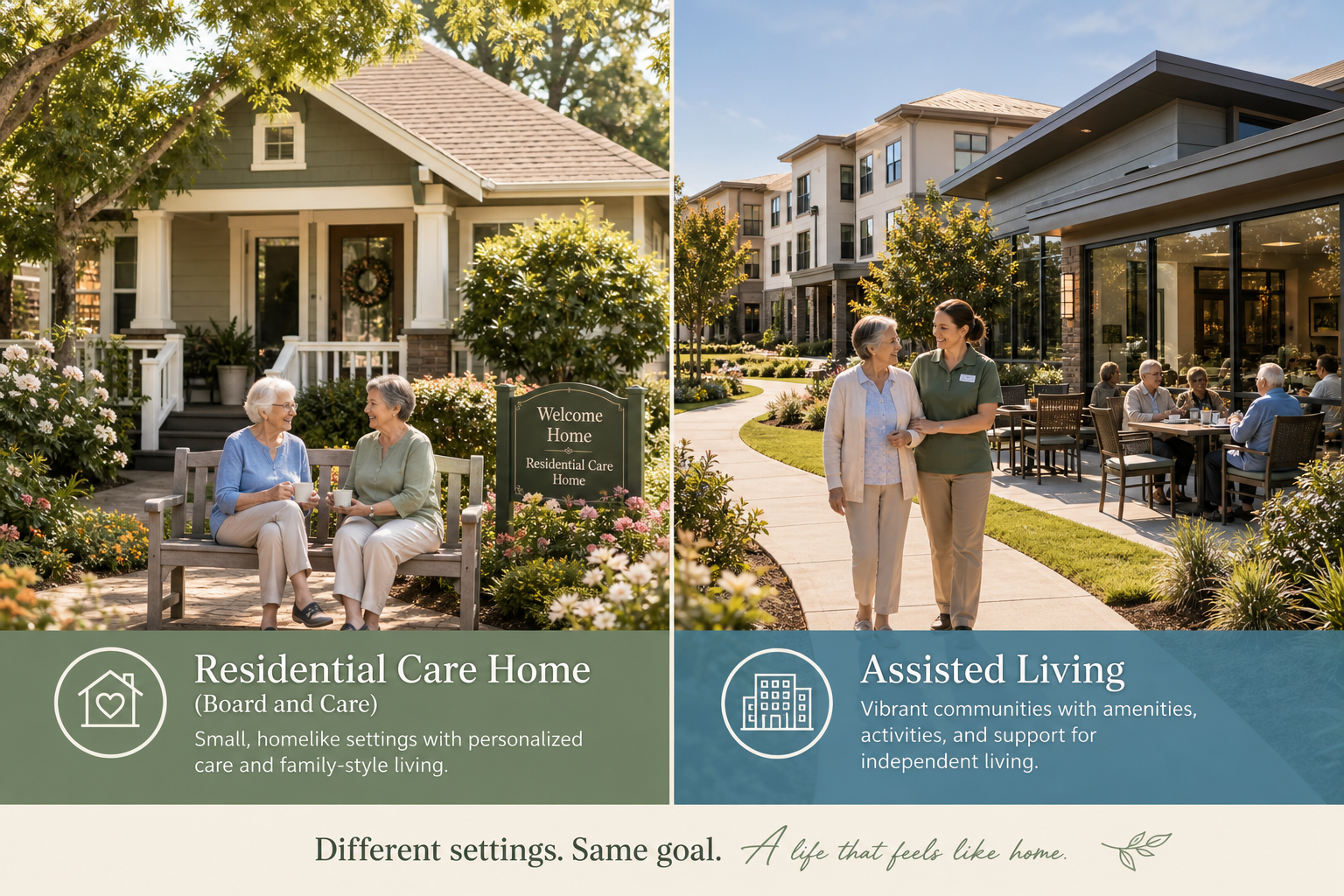 Split-scene illustration of a small residential care home on the left and a modern assisted living campus on the right.