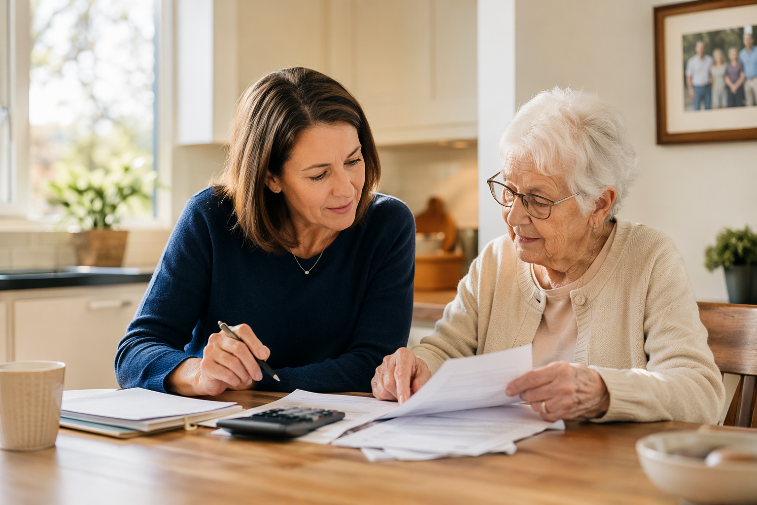 Adult child and elderly parent reviewing care papers and a calculator at a kitchen table