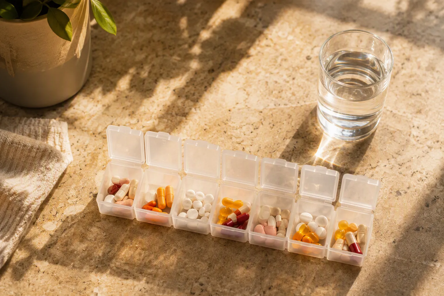 Open weekly pill organizer with pills, capsules, and a glass of water on a sunlit kitchen counter