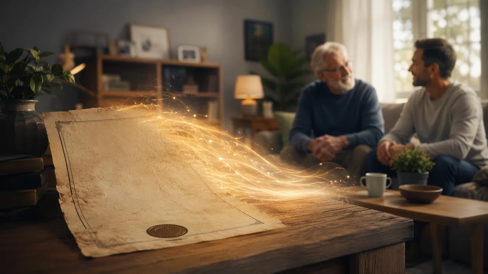 Old life insurance policy on a table with an older adult and younger adult discussing care planning