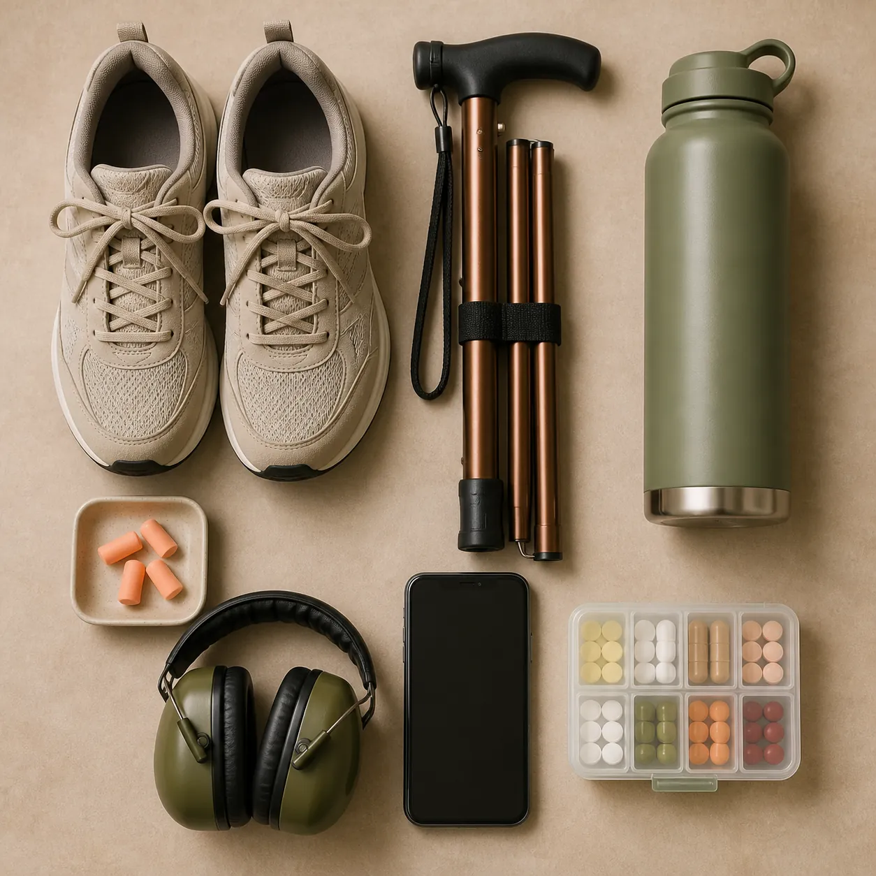 Concert day essentials including comfortable shoes, folding cane, water bottle, earplugs, earmuffs, smartphone, and pill organizer