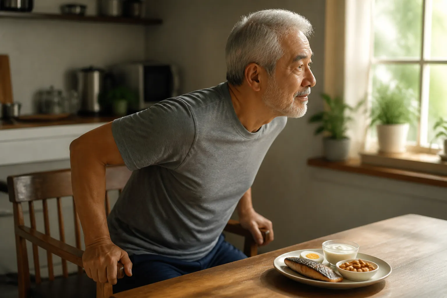 Older adult rising from a dining chair beside protein-rich foods on a kitchen table