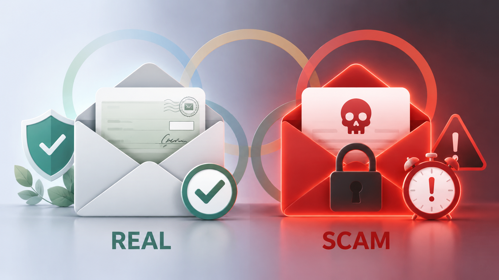 Split illustration comparing a real LA28 refund email with a scam email using safe mailed check and urgency warning symbols