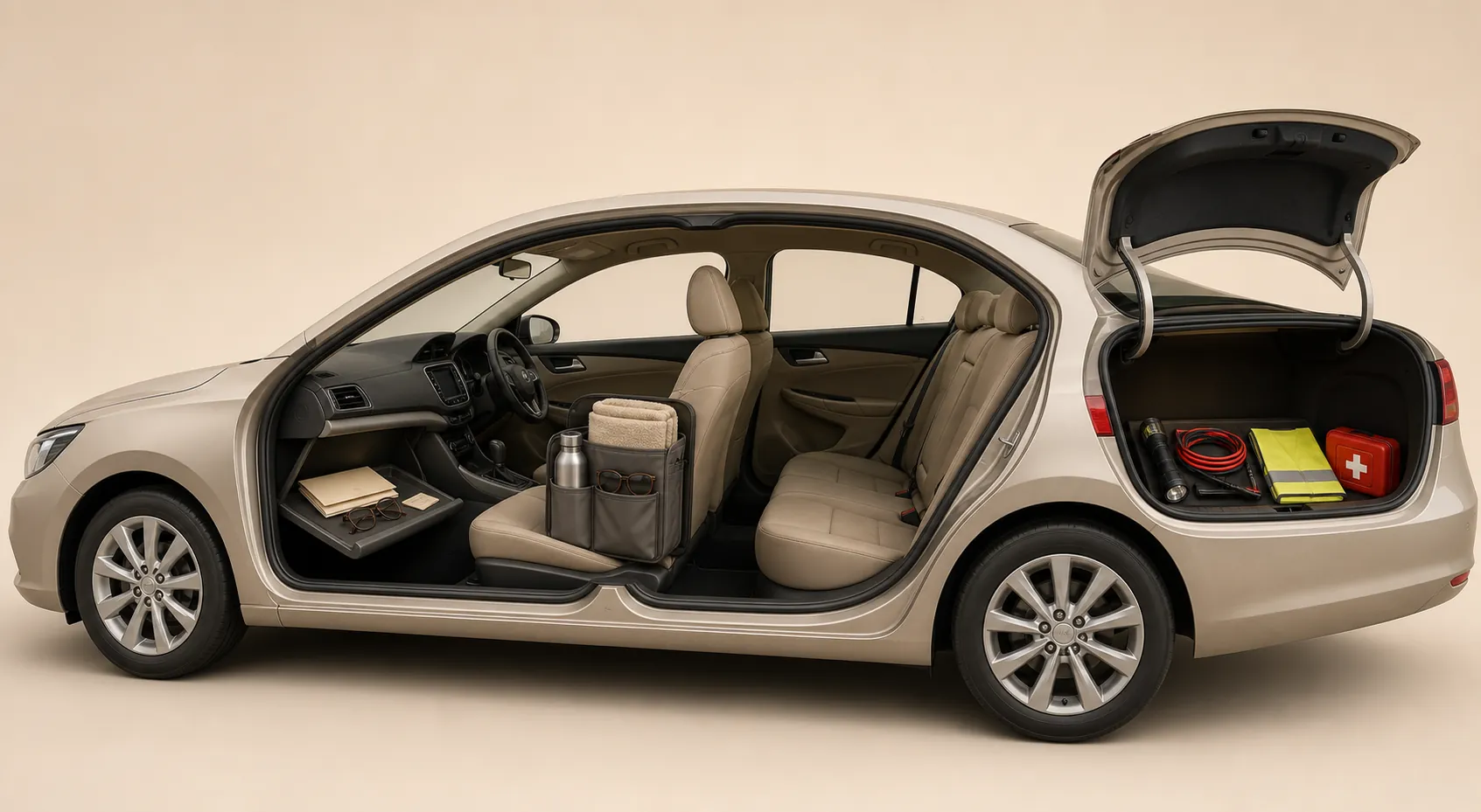 Cutaway of a sedan showing emergency supplies divided among the glove box, passenger seat, and trunk