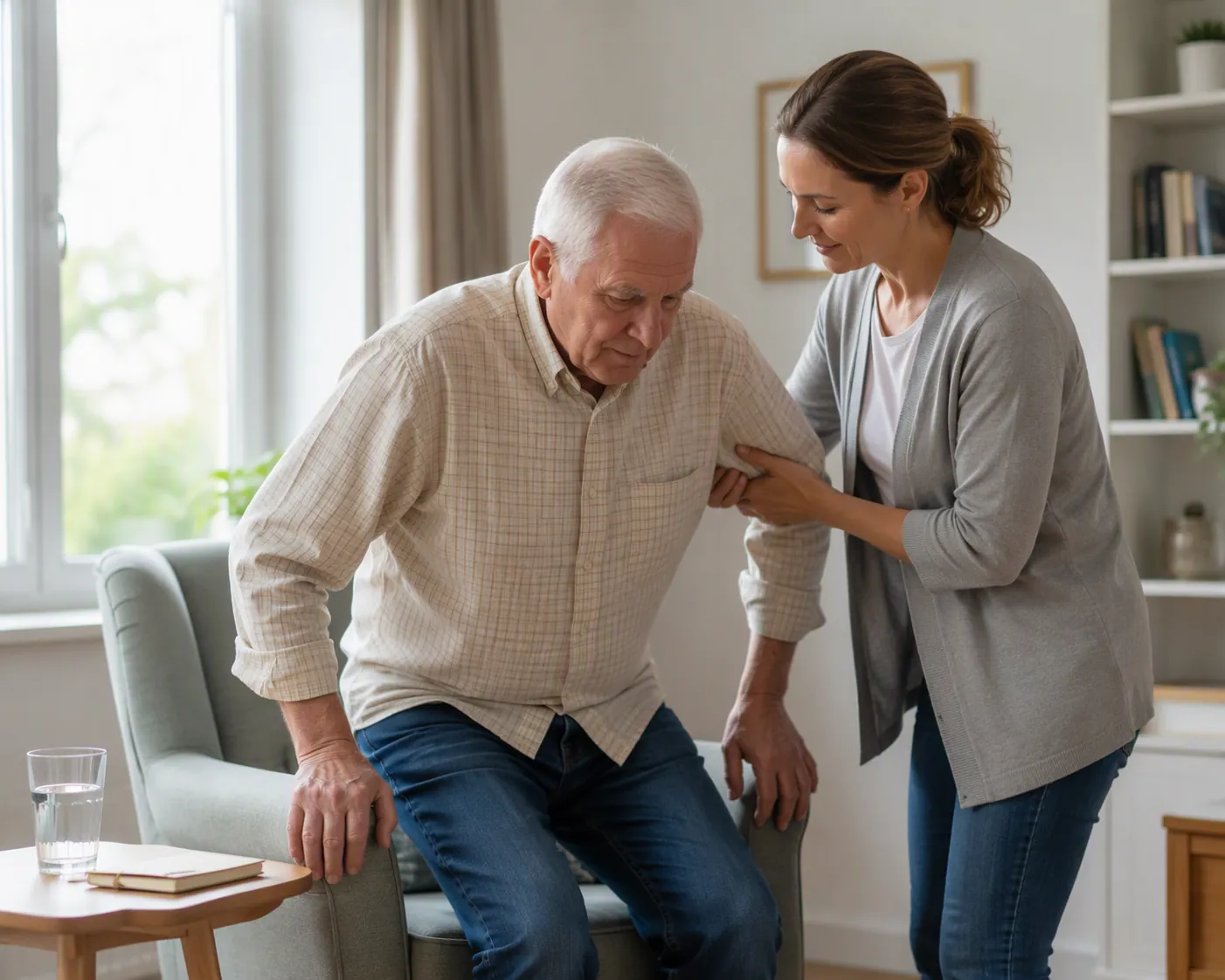 Adult daughter steadying her older father as he stands from an armchair with water and a notebook nearby