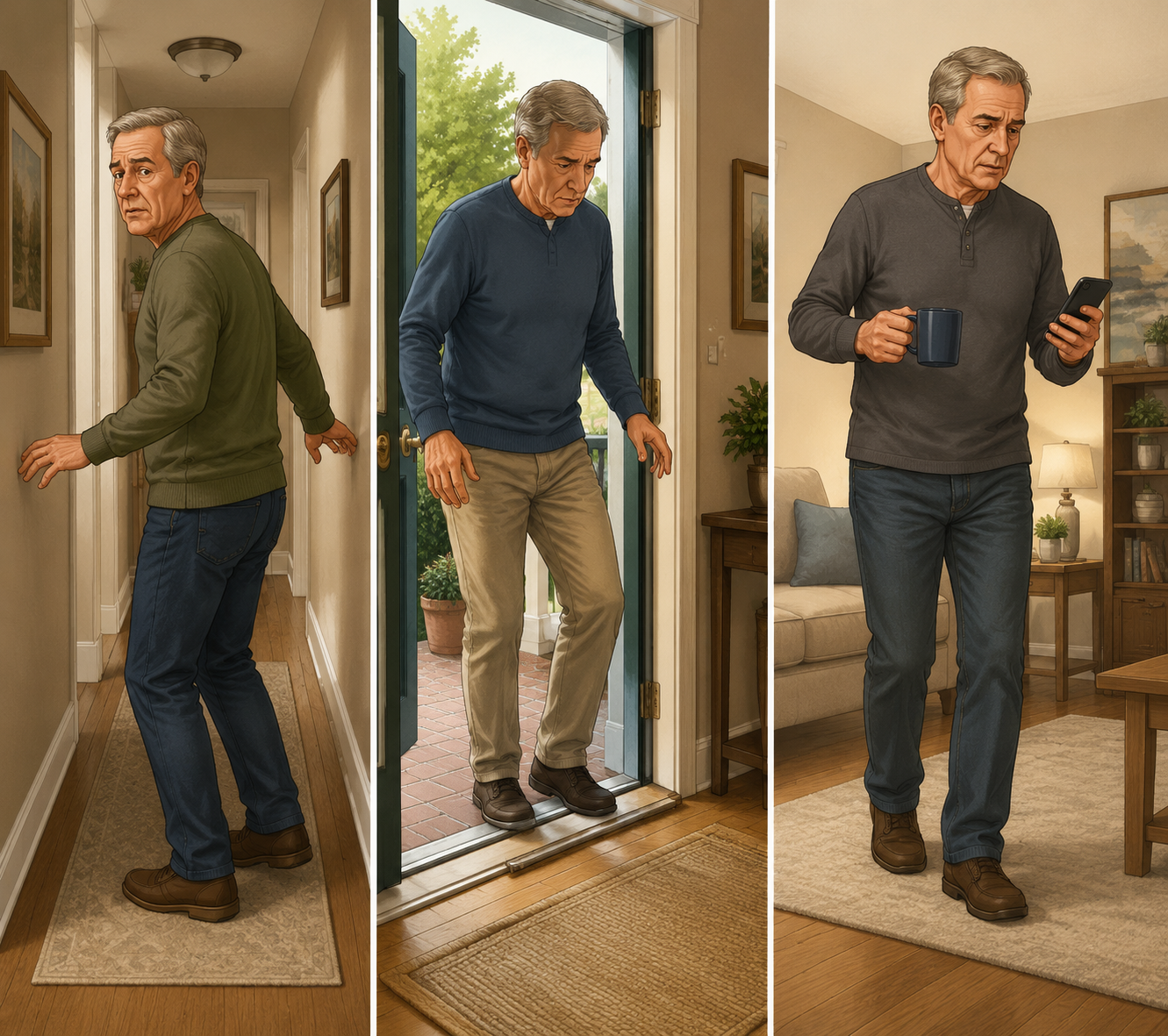 Illustration of Parkinson's freezing triggers including turning, doorways, and walking while carrying objects
