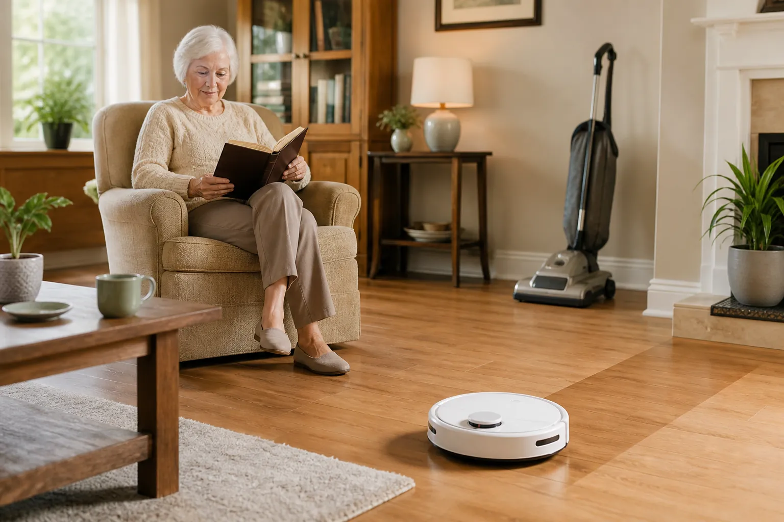 Older woman reading while a robot vacuum cleans the living room and a heavy upright vacuum stands unused nearby