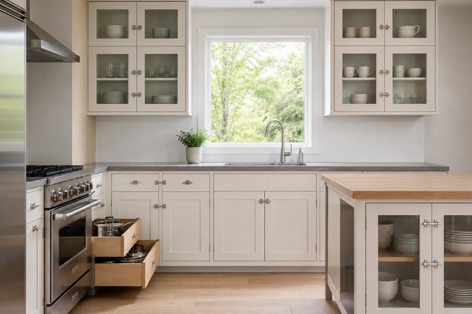 Kitchen cabinets with safety latches, heavy cookware stored low, and clear counters