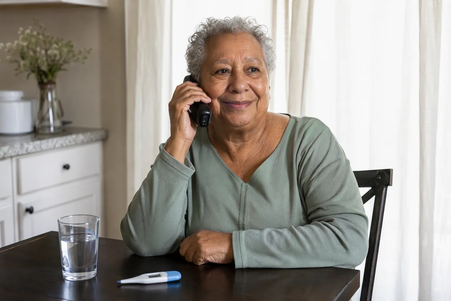 Older adult at a kitchen table speaking on a cordless phone with water and a digital thermometer nearby