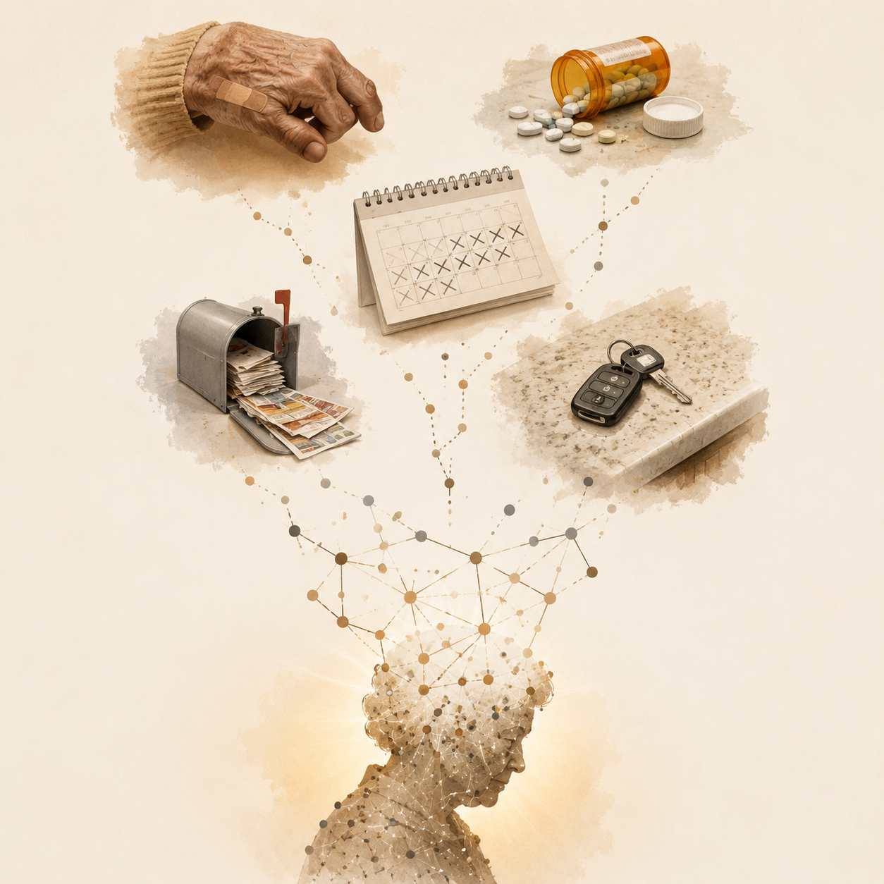 Scattered icons of falls, pills, calendar changes, mail, and car keys forming a pattern