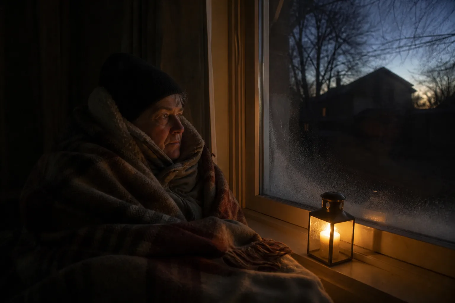 Older adult wrapped in blankets and a winter coat sitting in an unheated room after a power outage.