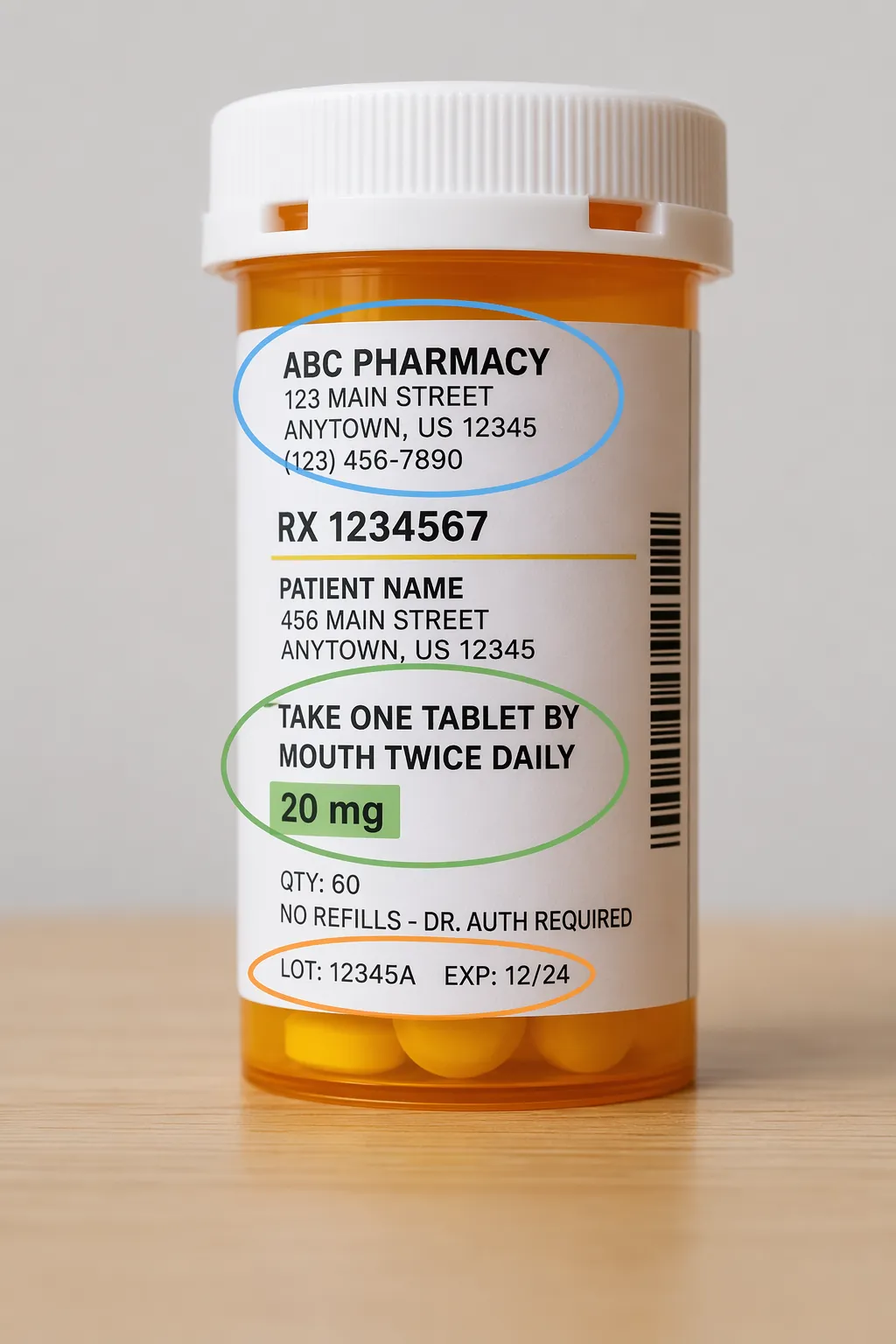 Prescription bottle label showing where to find manufacturer, dosage strength, and lot number