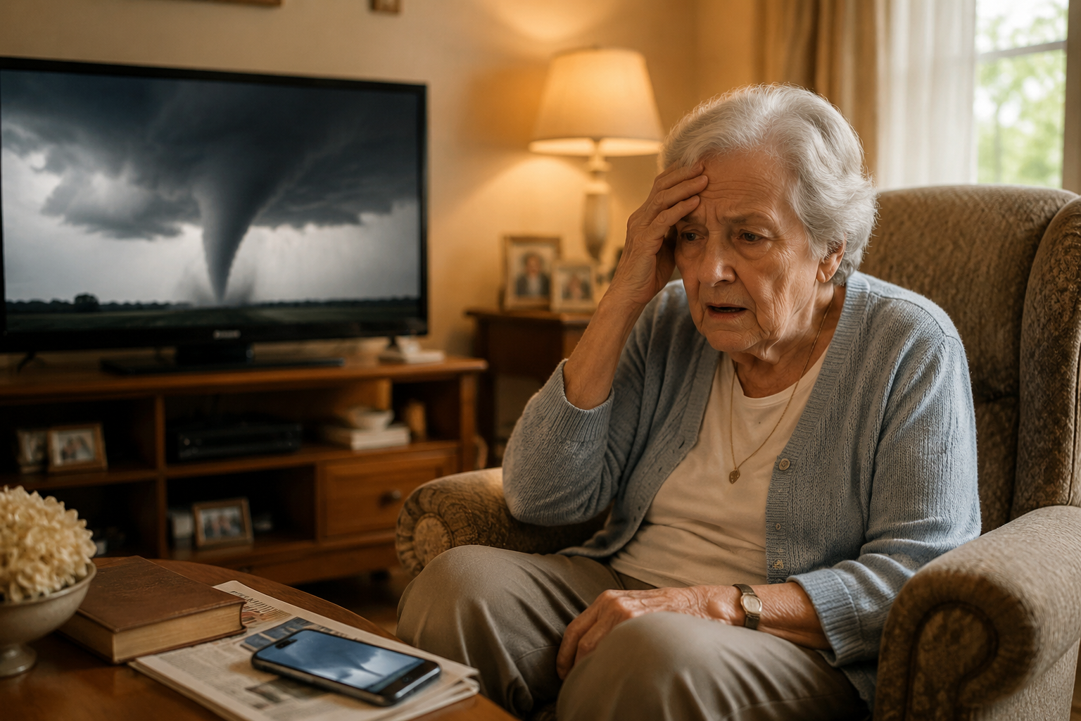 Older adult sitting anxiously in a living room while a TV and smartphone show weather alerts