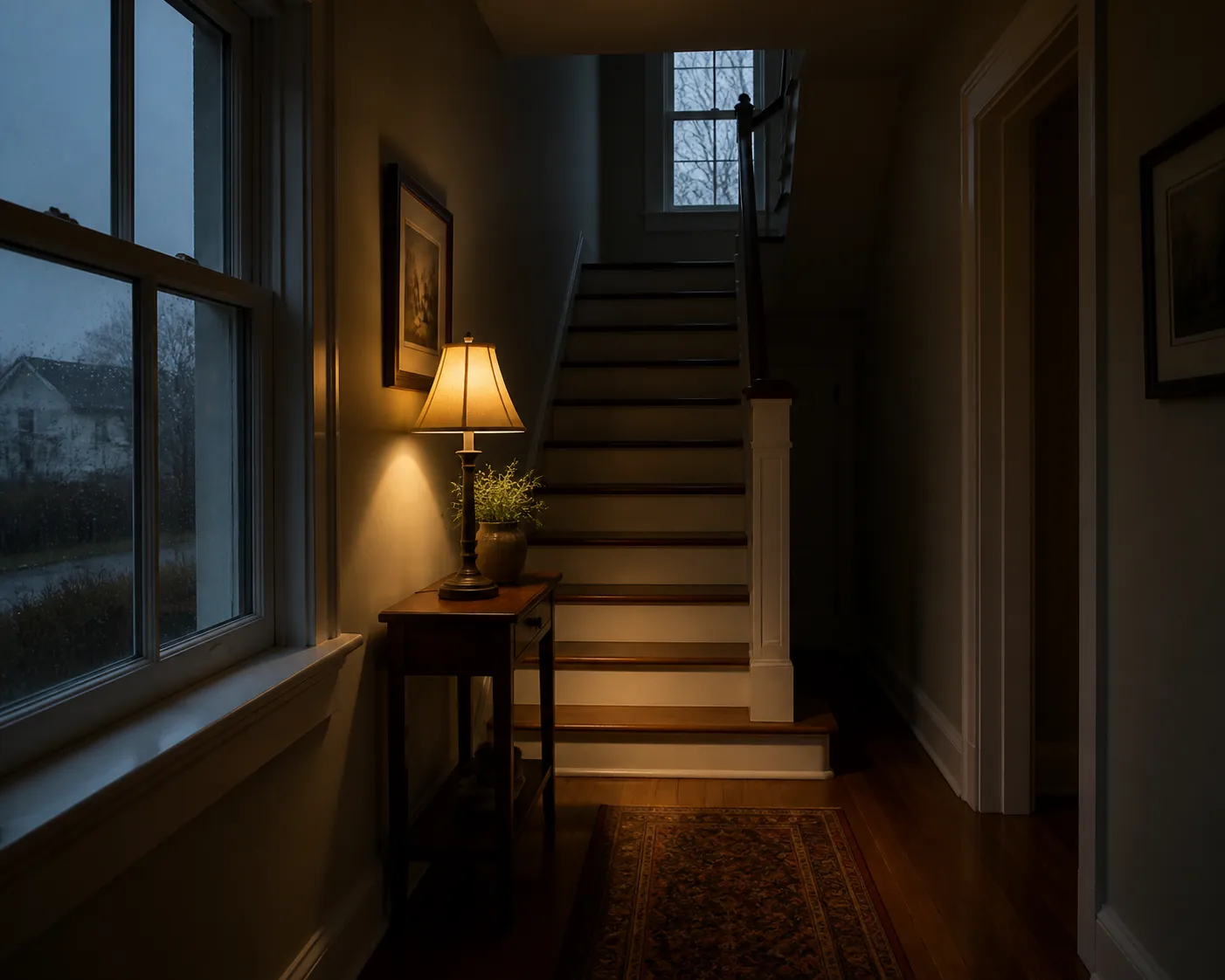 Dim hallway on a rainy day with a lamp lighting the walking path and stair treads