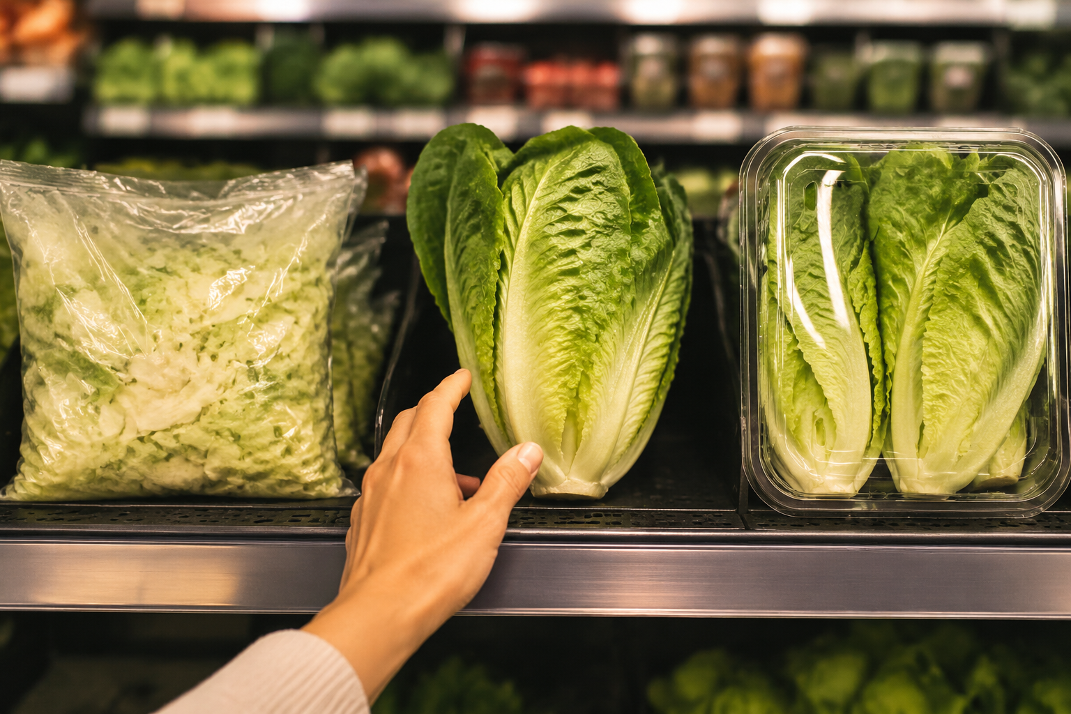 A hand reaching toward bagged lettuce, a whole romaine head, and a greenhouse-brand clamshell on a grocery shelf
