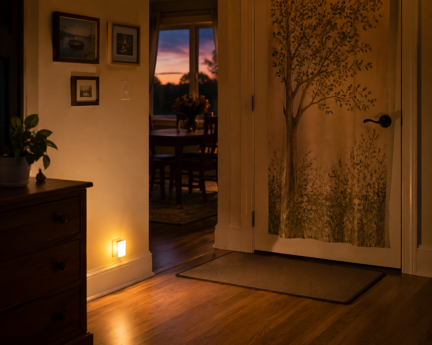 A calm home entrance with a camouflaged door, a nightlight, and a pressure mat prepared for wandering prevention