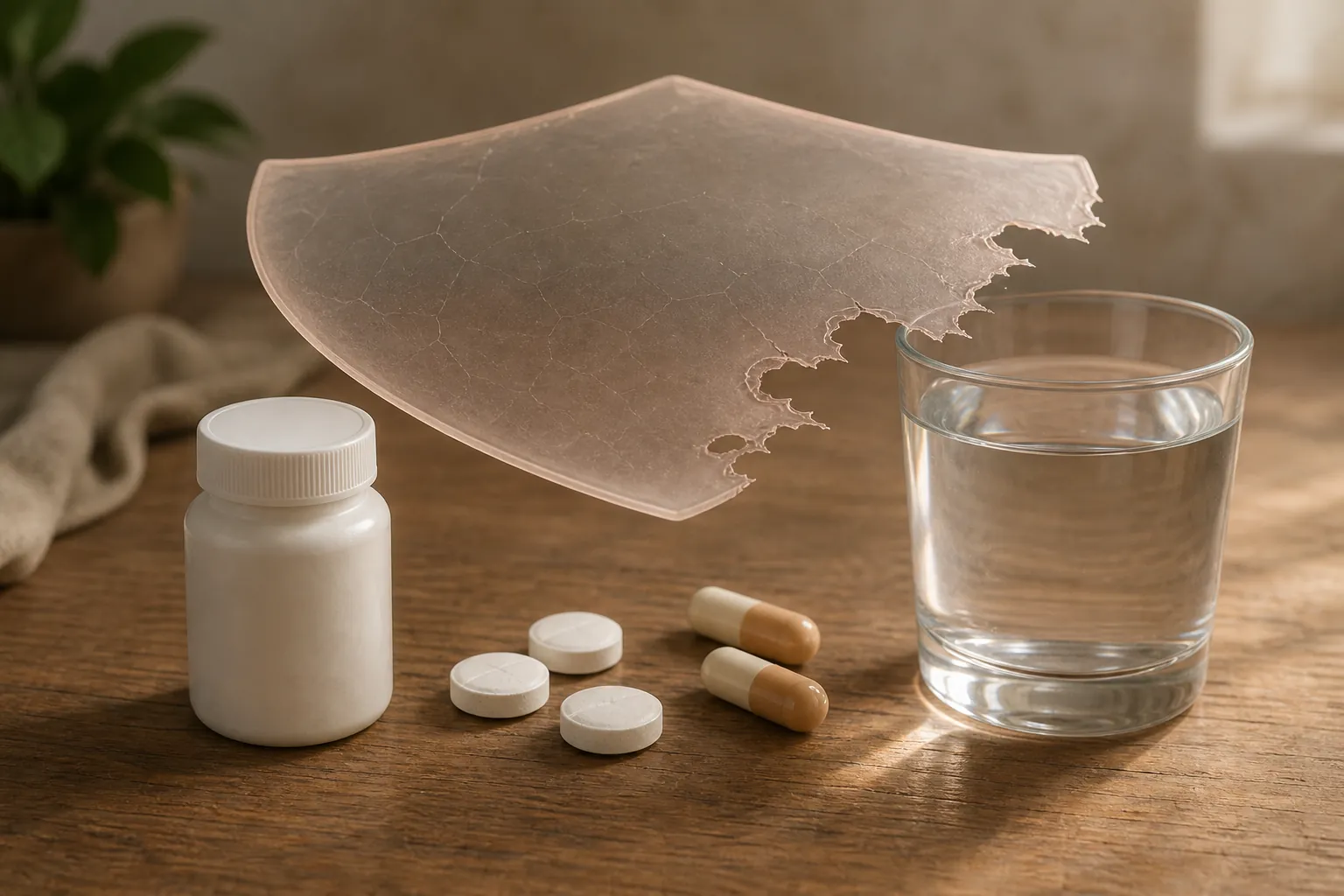 Pill bottle, antacid tablets, capsules, and a glass of water arranged on a table with a worn shield-like layer suggesting weakened gut defenses