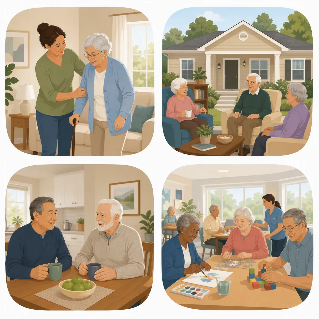 Four care-setting options: care at home, a small residential care home, shared housing, and an adult day center
